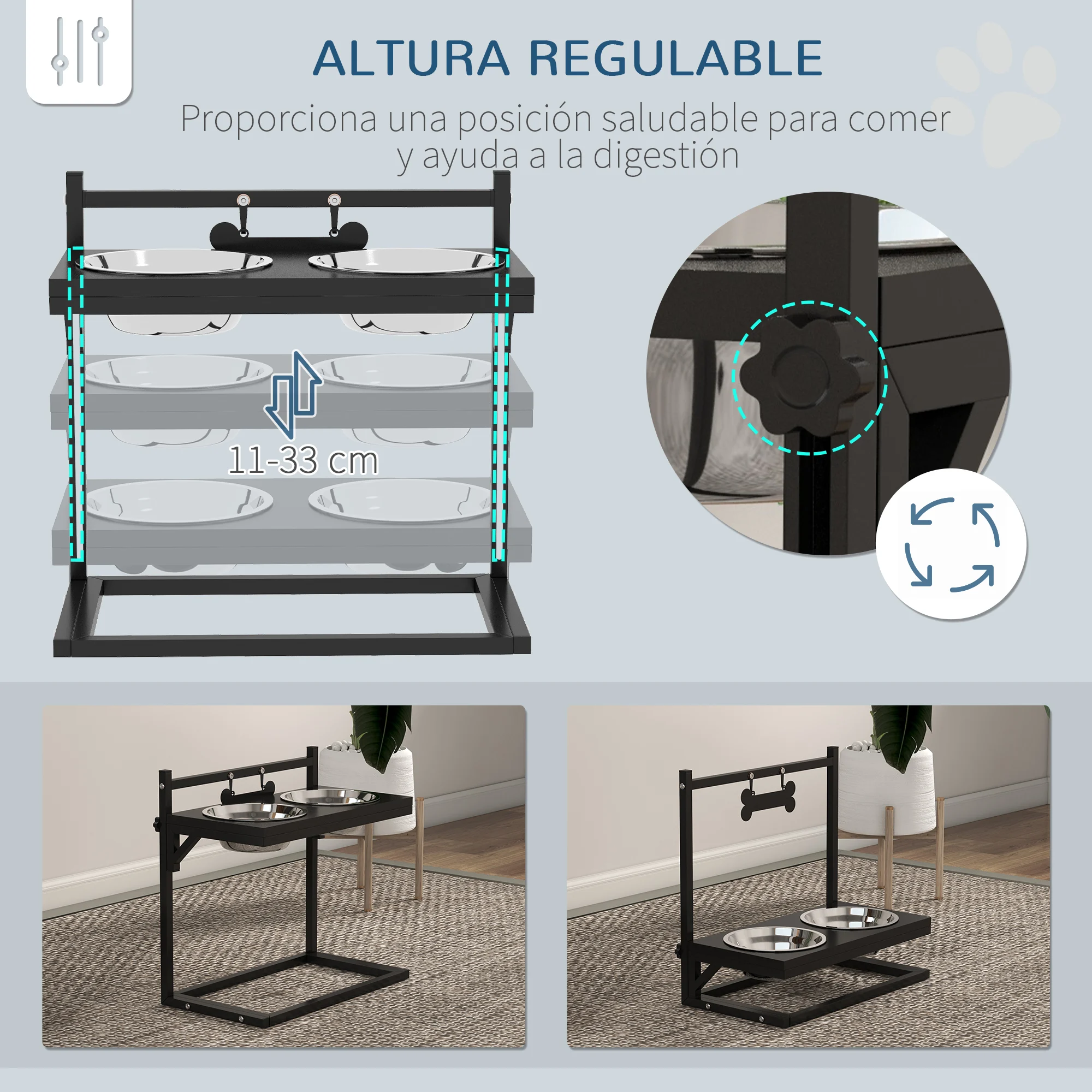Comedouro elevado para cães PawHut, com 2 tigelas de aço inoxidável, altura ajustável e 1 prato de metal em formato de osso, 40,5 x 22 x 39 cm, preto.