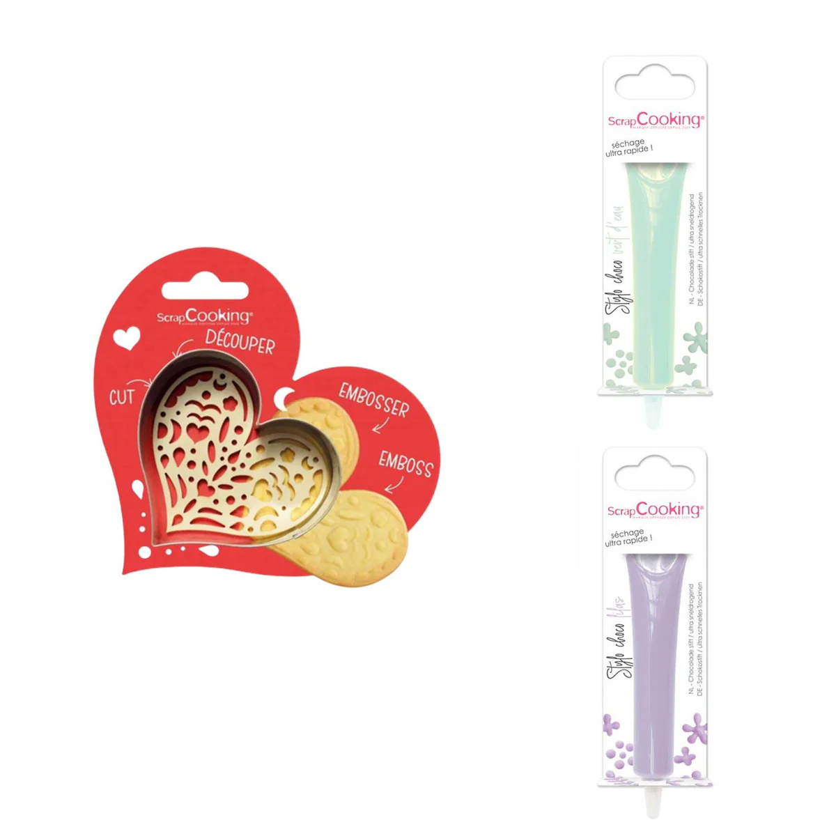 Kit pour biscuit en relief Coeur + 2 Stylos au chocolat vert d'eau et