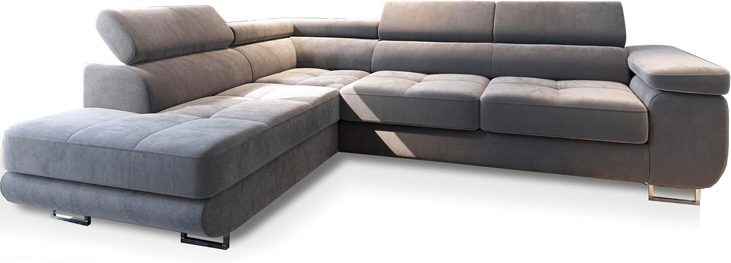 Masseno Ecksofa Selva L-S mit Schlaffunktion L-Form, Glamour Sofa mit Bettkasten, Wohnzimmersofa, Couch, Soffa, Bettsofa, Couchgarnitur - Hellgrau, Monolith 84