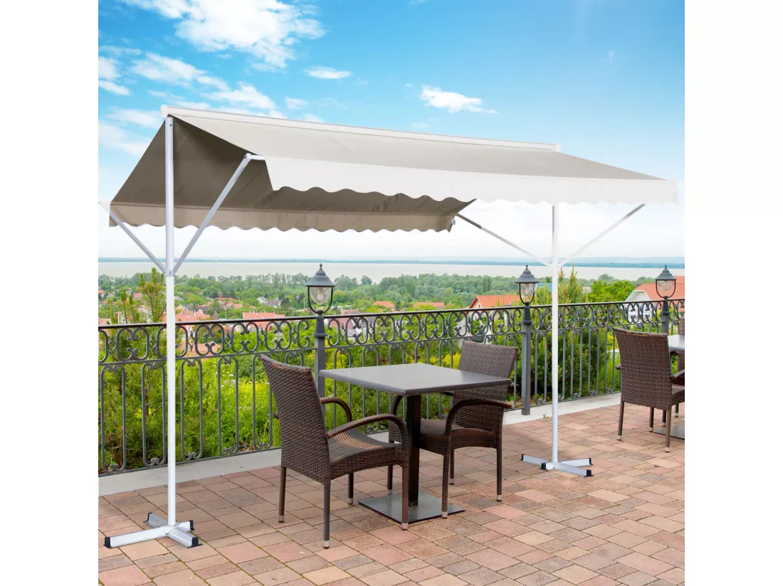 Store double pente manuel rétractable inclinaison réglable acier époxy blanc polyester imperméabilisé anti-UV beige dim. 4,50L x 3,40l x 2,55H m