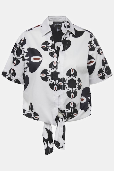 Bluse, grafischer Druck, Saumknoten, Hemdkragen, Halbarm