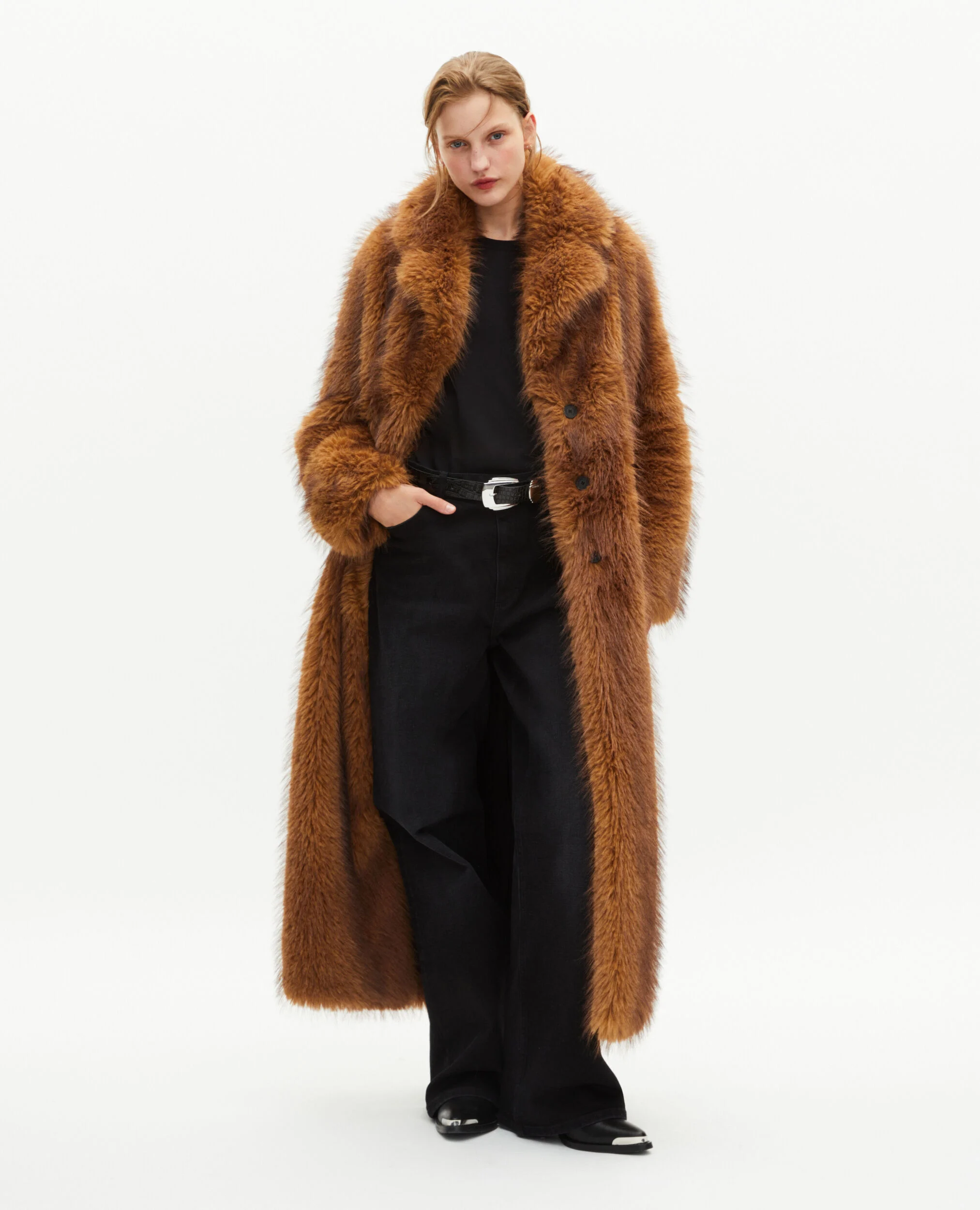Manteau long effet fourrure marron