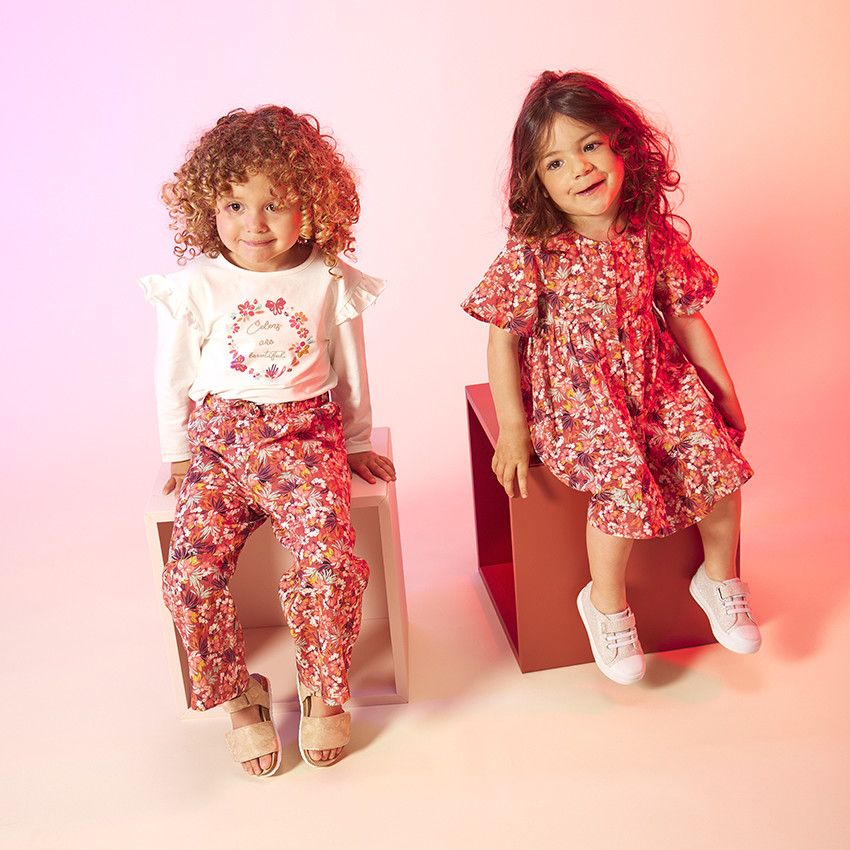Robe manches courtes en toile imprimé fleuri pour bébé fille - Fuchsia