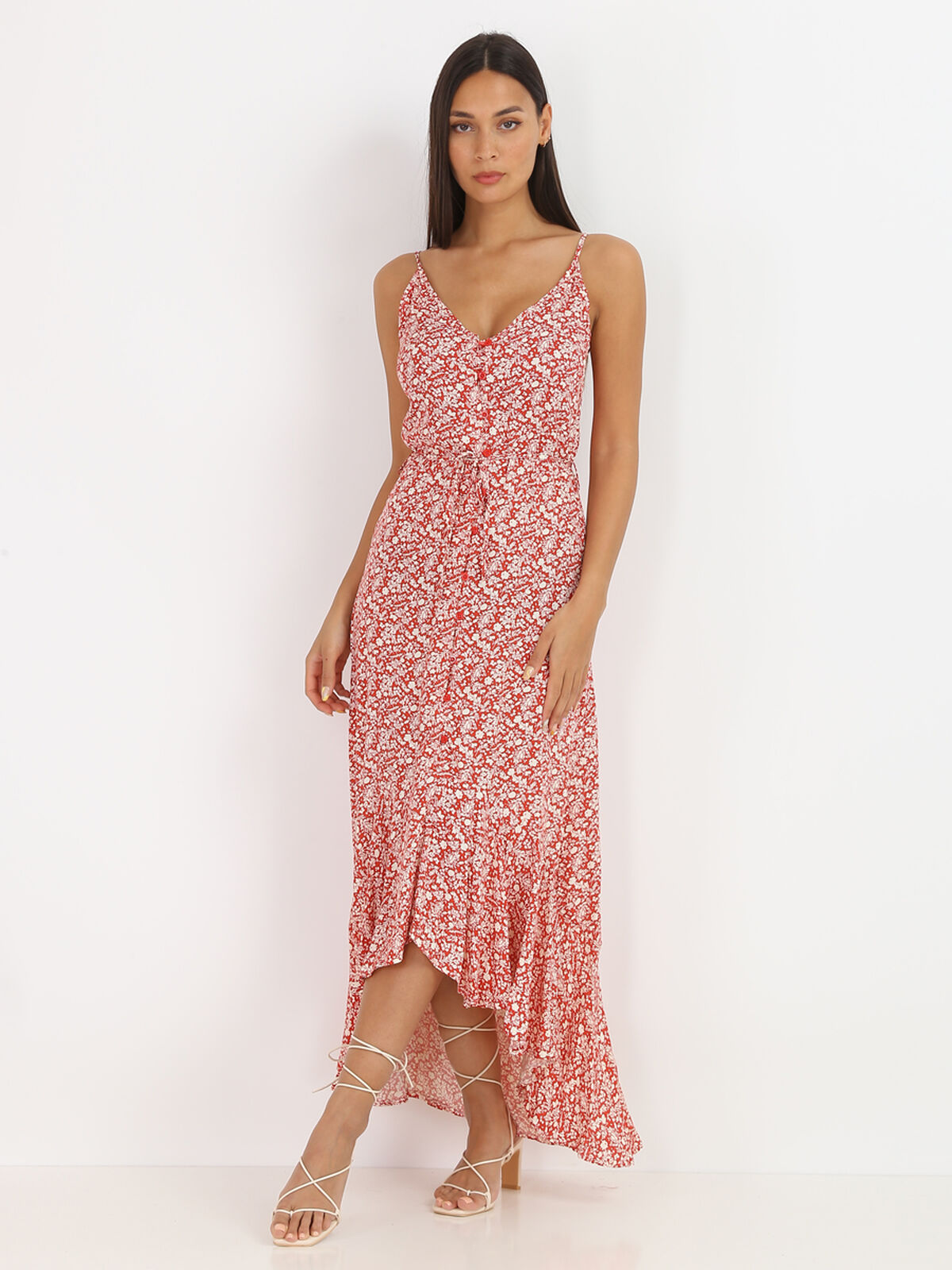 Robe longue fleurie à boutons- Rouge