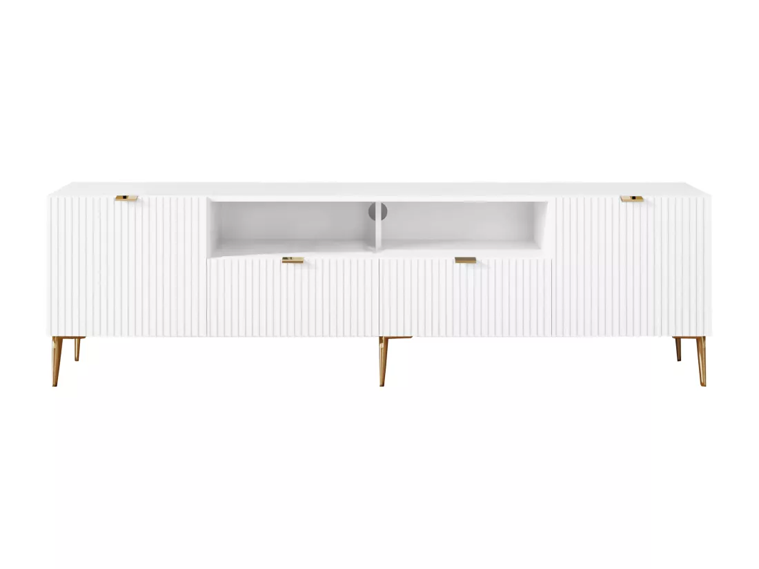 Meuble TV avec 2 portes, 2 tiroirs et 2 niches en MDF et acier - Blanc et doré - YESINIA