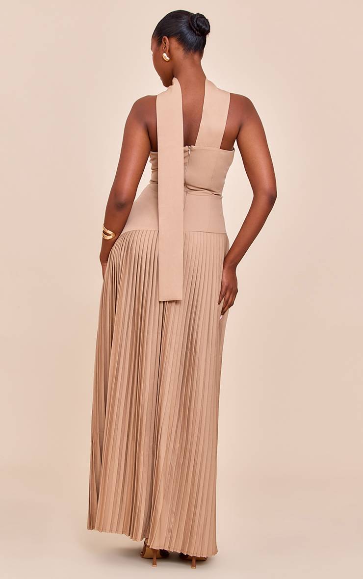 Taupe Robe Maxi Plissée Asymétrique En Tissu Tissé