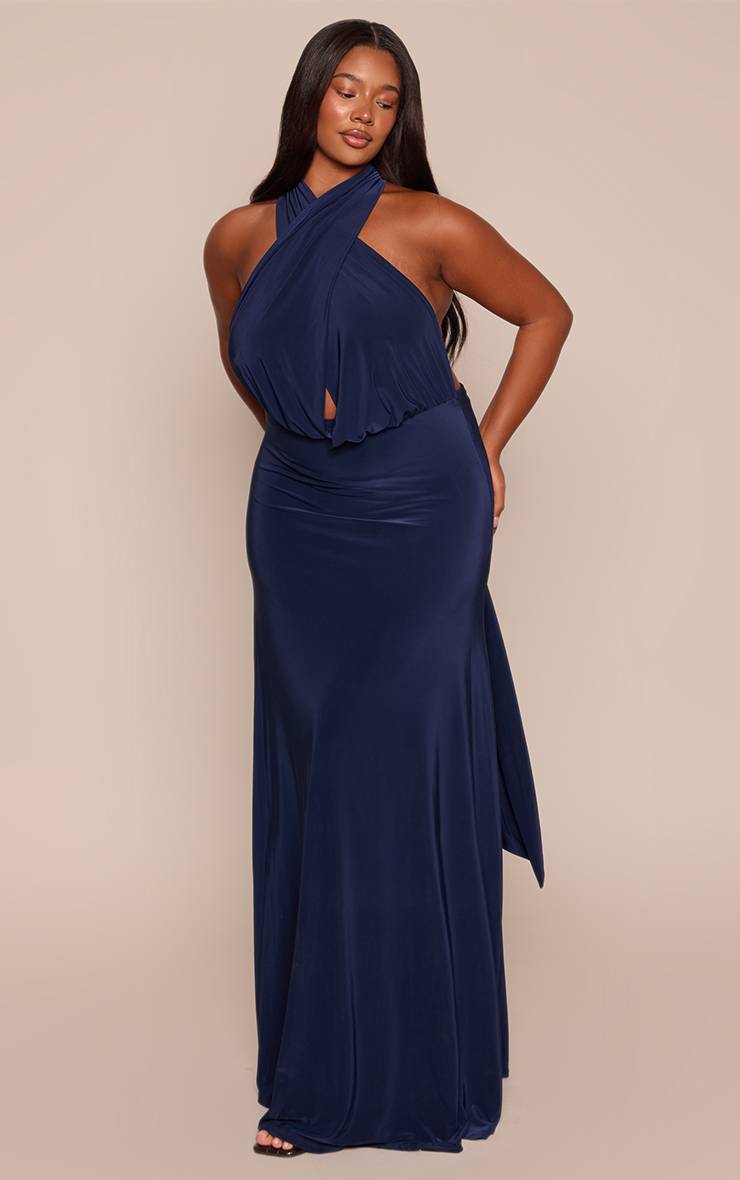 Bleu Marine Robe Maxi Multiposition En Tissu Slinky Grande Taille