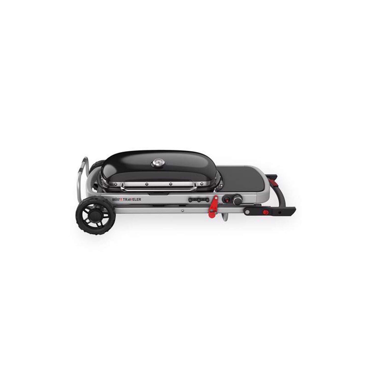 Churrasqueira portátil Weber Traveler com 1 queimador a gás propano líquido, preta.