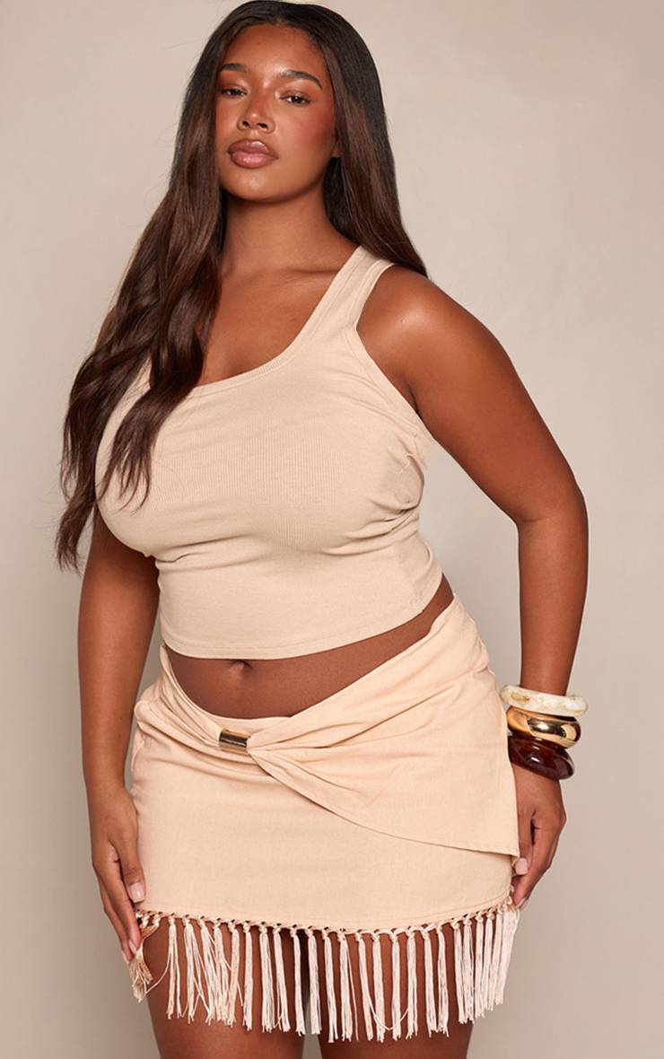 Vrai Beige Mini-jupe Grande Taille En Lin Beige Avec Bordure Dorée Et Ourlet À Pompons