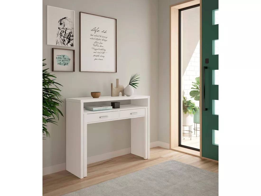 Bureau Damodi, Bureau avec plateau extensible, Bureau PC avec 2 tiroirs, 99x36h88 cm, Blanc