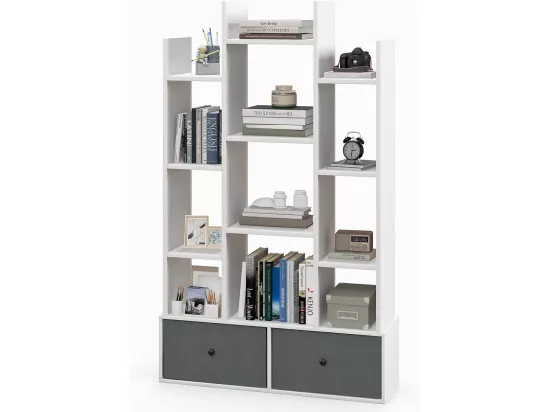 Bibliothèque à 12 niveaux avec 2 tiroir amovible,12 compartiments, 81x24x132cm blanc