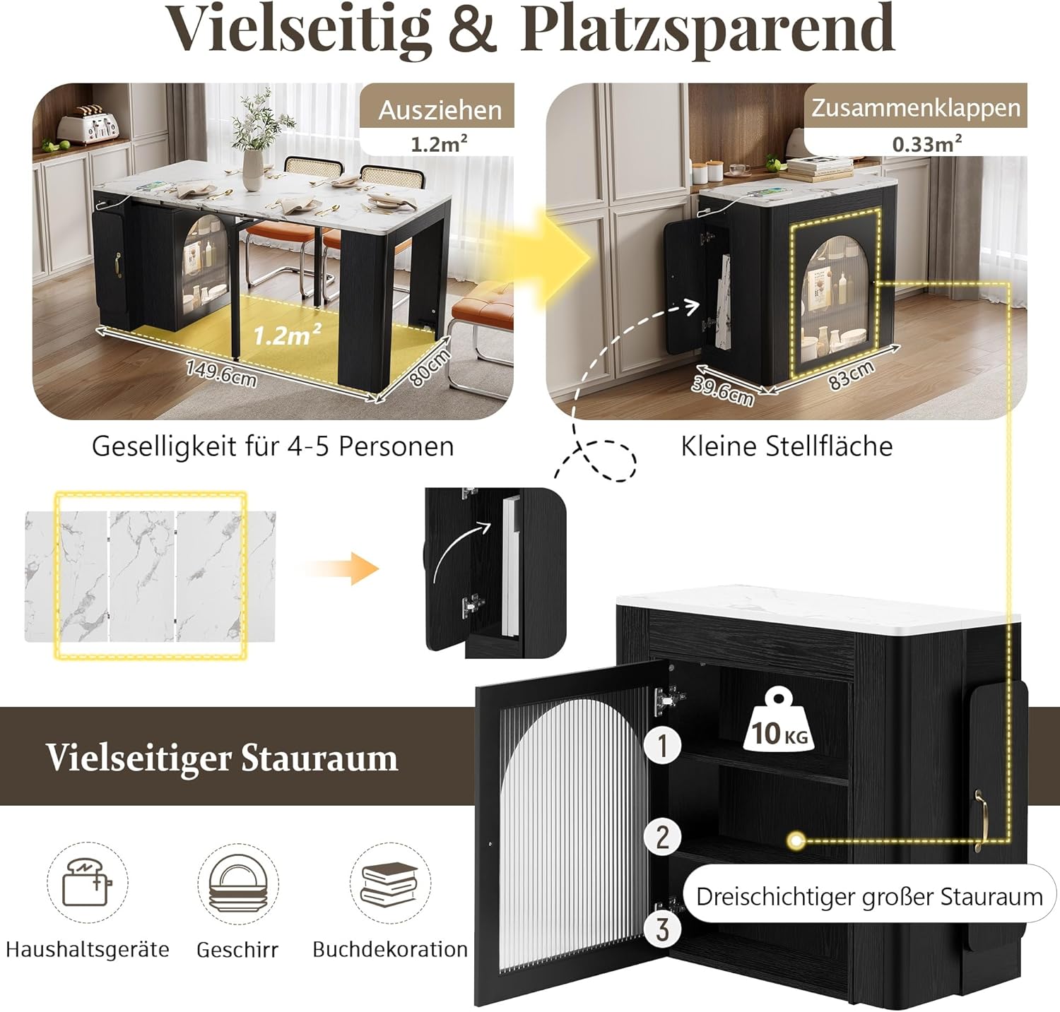 Kücheninsel mit Rollen, Ausziehbarer Esstisch mit Abnehmbarer Tischplatte, Mobile Servierwagen mit Steckdosenleisten, Sideboard oder Bartisch für Küche und Esszimmer (Schwarz)