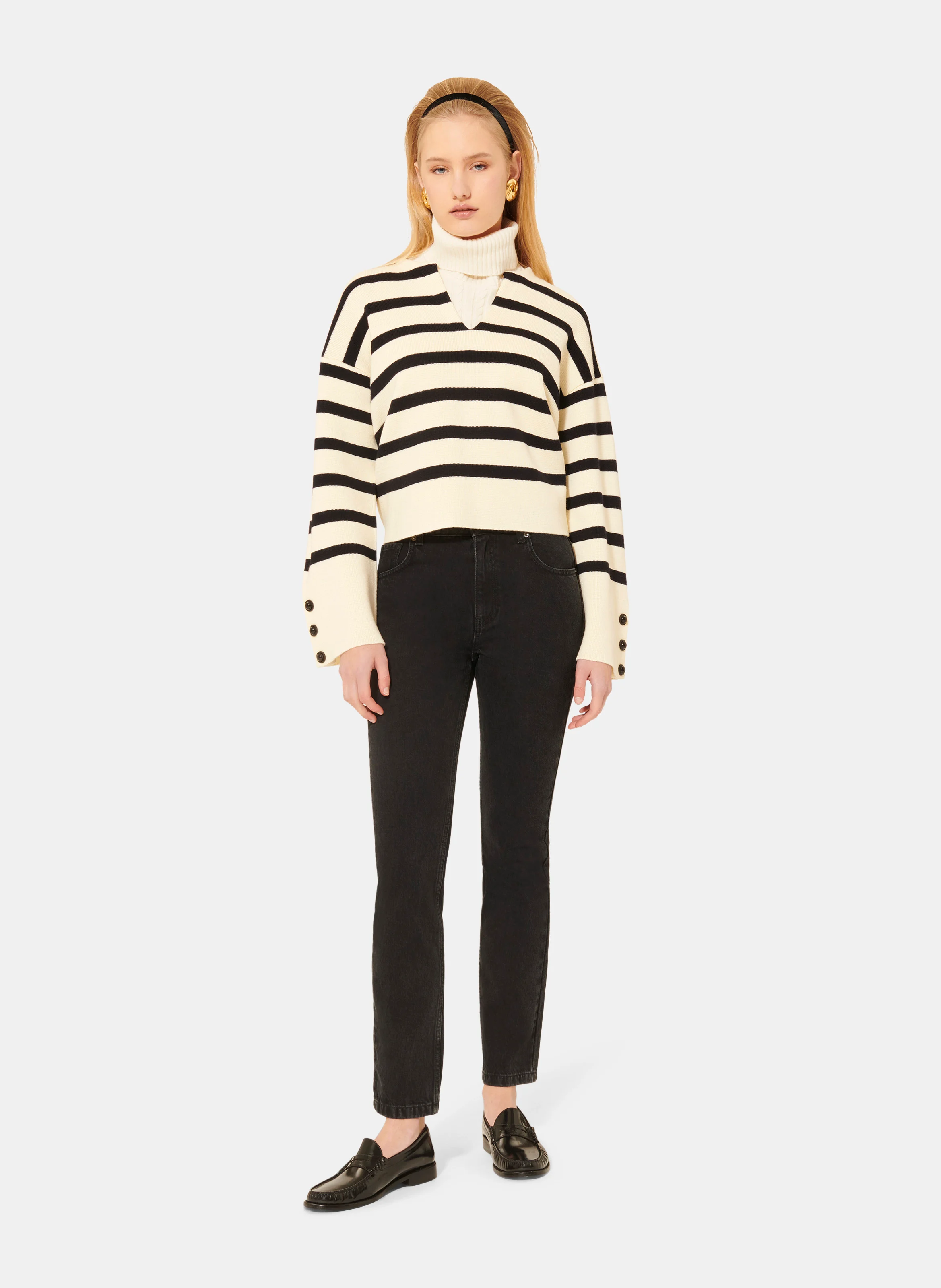 PLONGEOIR - Pull droit rayé à boutons | Beige