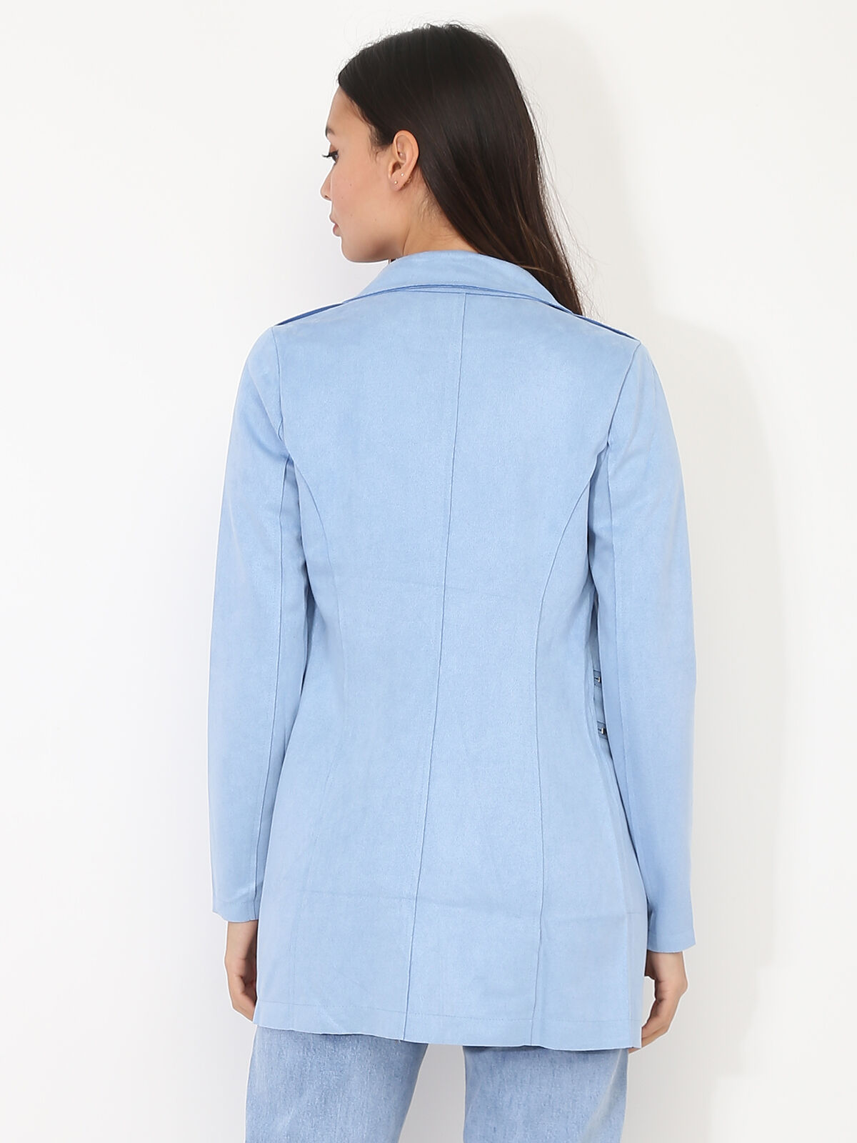 Veste longue en suédine à zips- Bleu clair