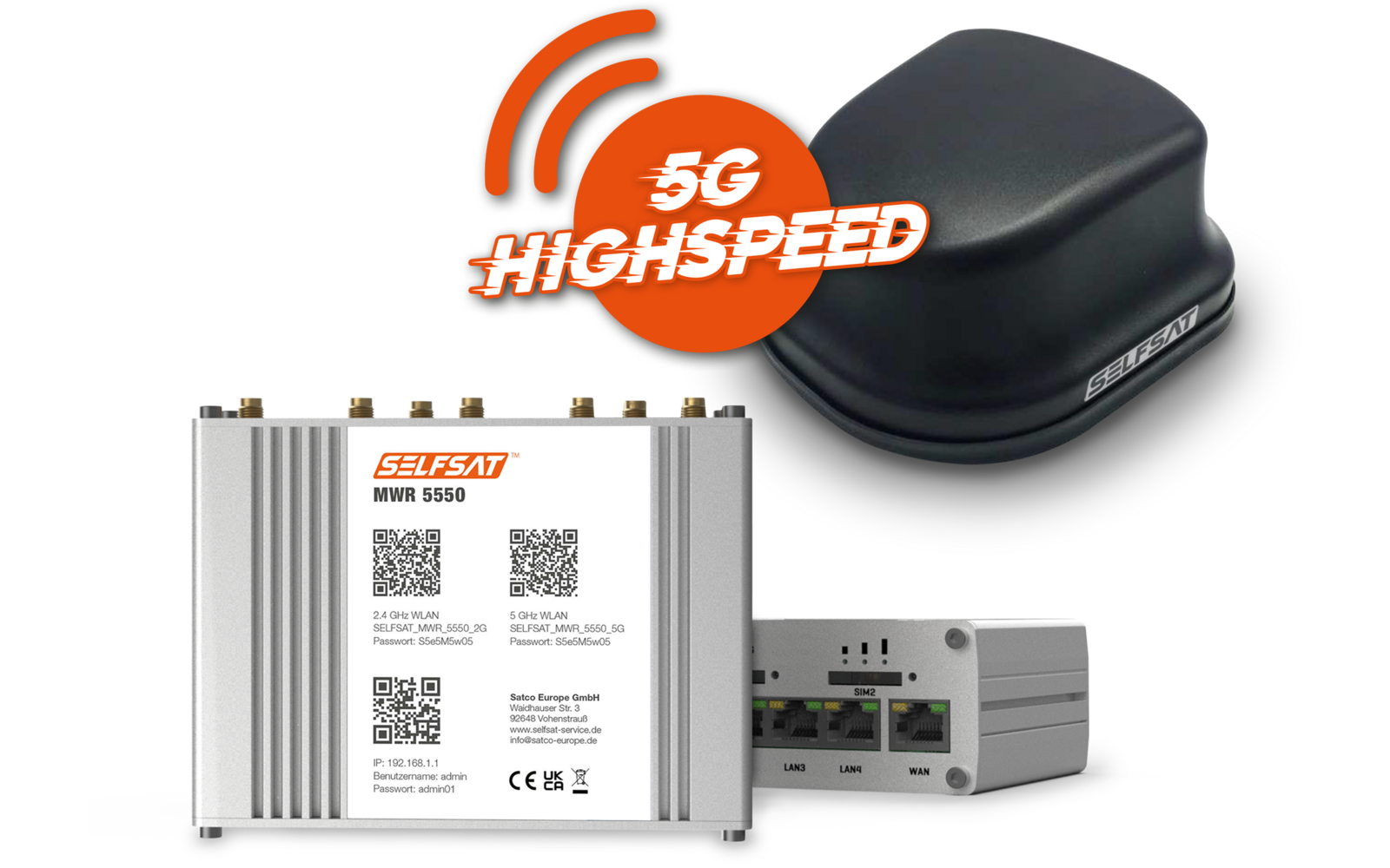Selfsat 4G / LTE / 5G & WLAN Internet Router Komplettset MWR 5550 bis 3,3 Gbps inkl. 5G Dachantenne schwarz
