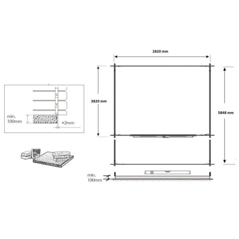 Abri de jardin en bois - 3x4 m - 18 m2 + terrasse avec balustrade et avant-toit en bois