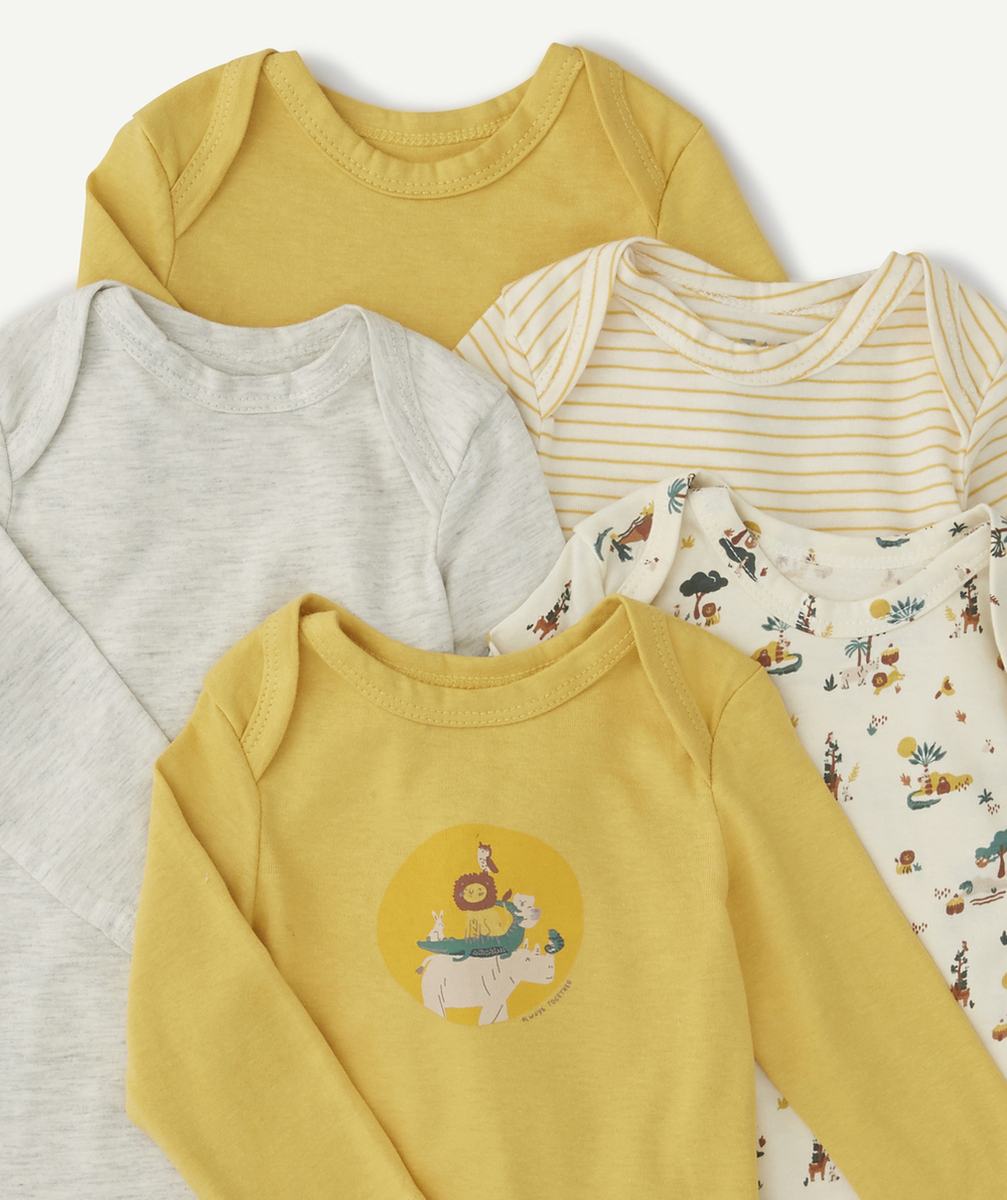 LOT DE 5 BODIES BÉBÉ EN COTON BIO JAUNE RAYÉ ET À MESSAGE