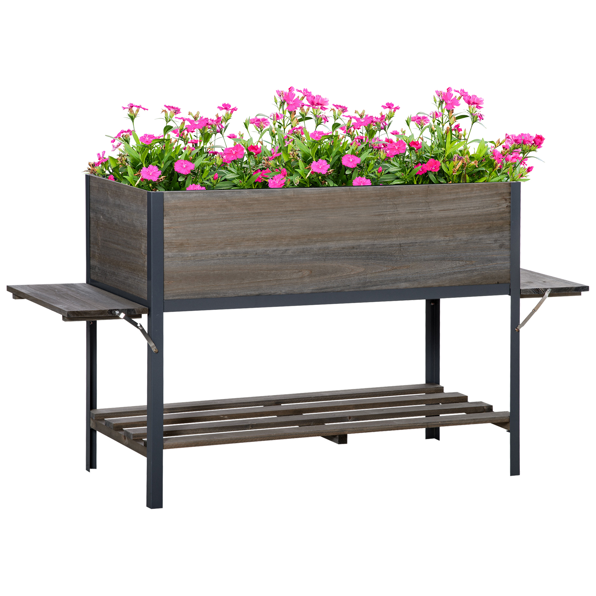 Canteiro elevado de madeira Outsunny para jardim urbano, 140x46x75,5 cm, com 2 prateleiras laterais, prateleira inferior e 2 orifícios de drenagem para plantas e flores, cinza.