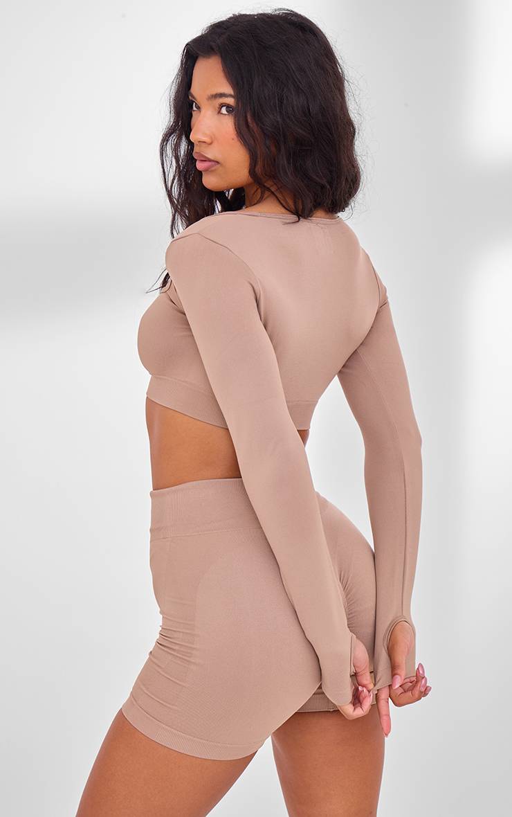 Light Mocha Top Col Carré Sans Coutures Avec Logo Contrasté Plt Sport