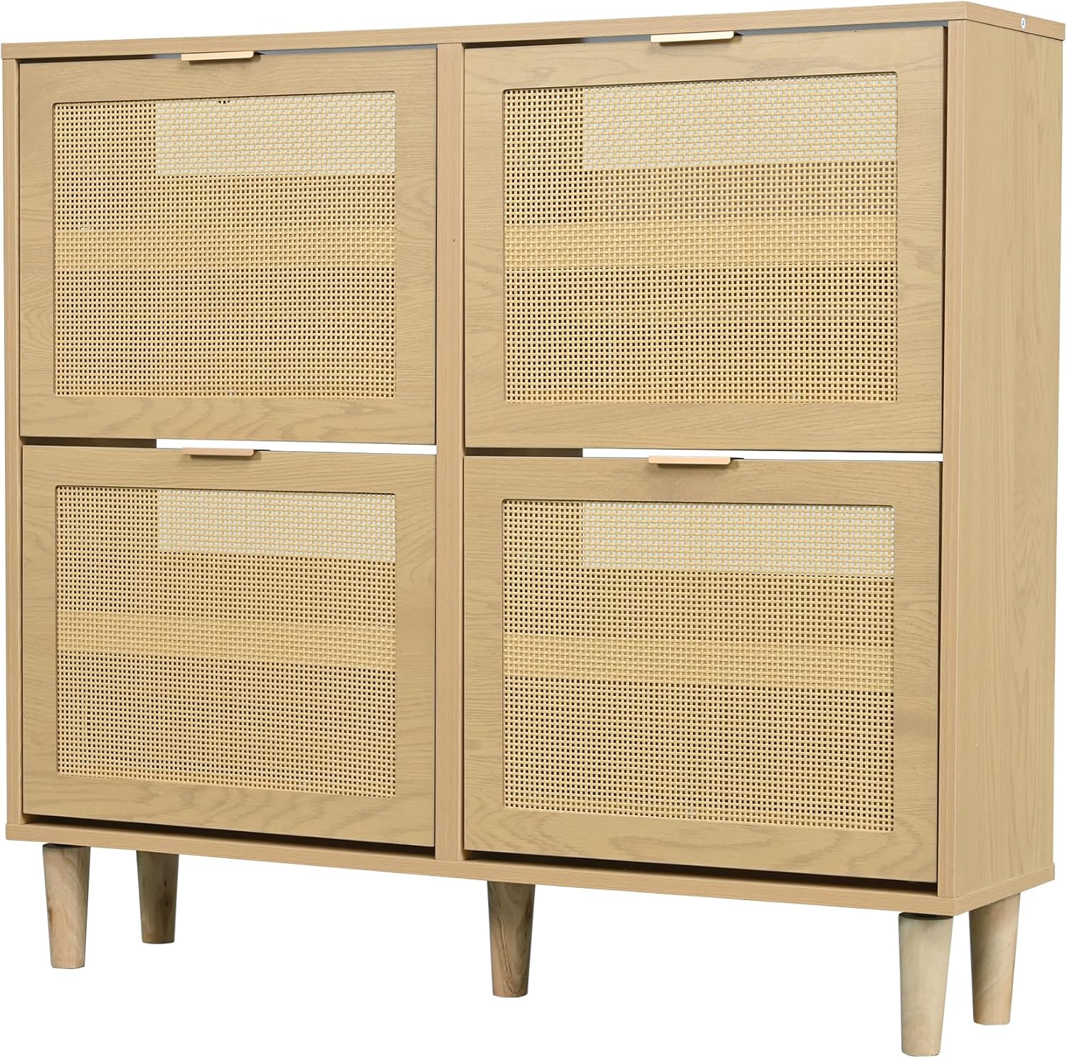 Schuhschrank mit 4 Klappschubladen, Schuhkommode aus Rattan mit Metallgriffen, Holzmöbel, Landhausstil, Maße: 100 x 25 x 90 cm