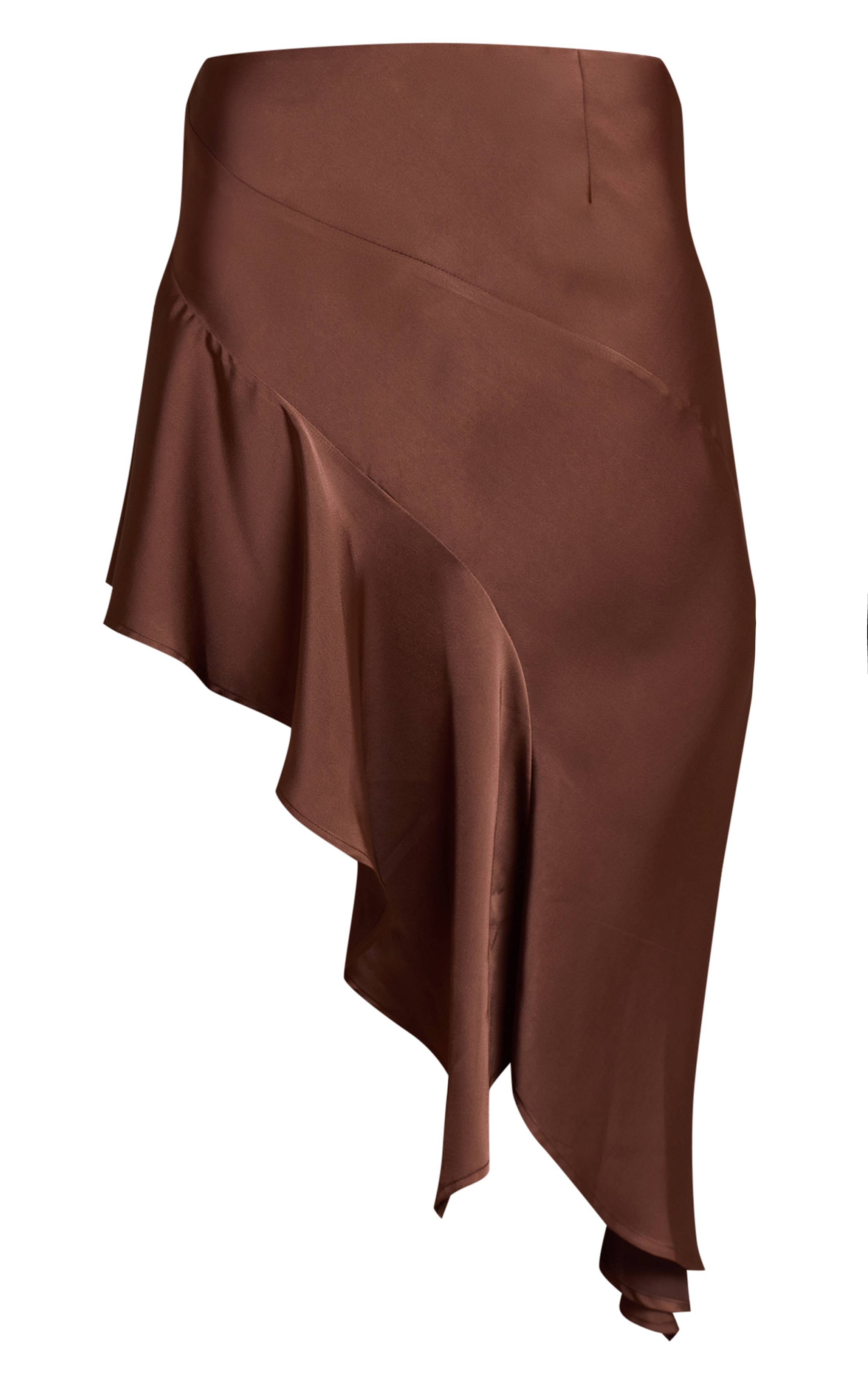 Chocolat Jupe Midi Coordonnée En Satin Imprimé À Volant Asymétrique