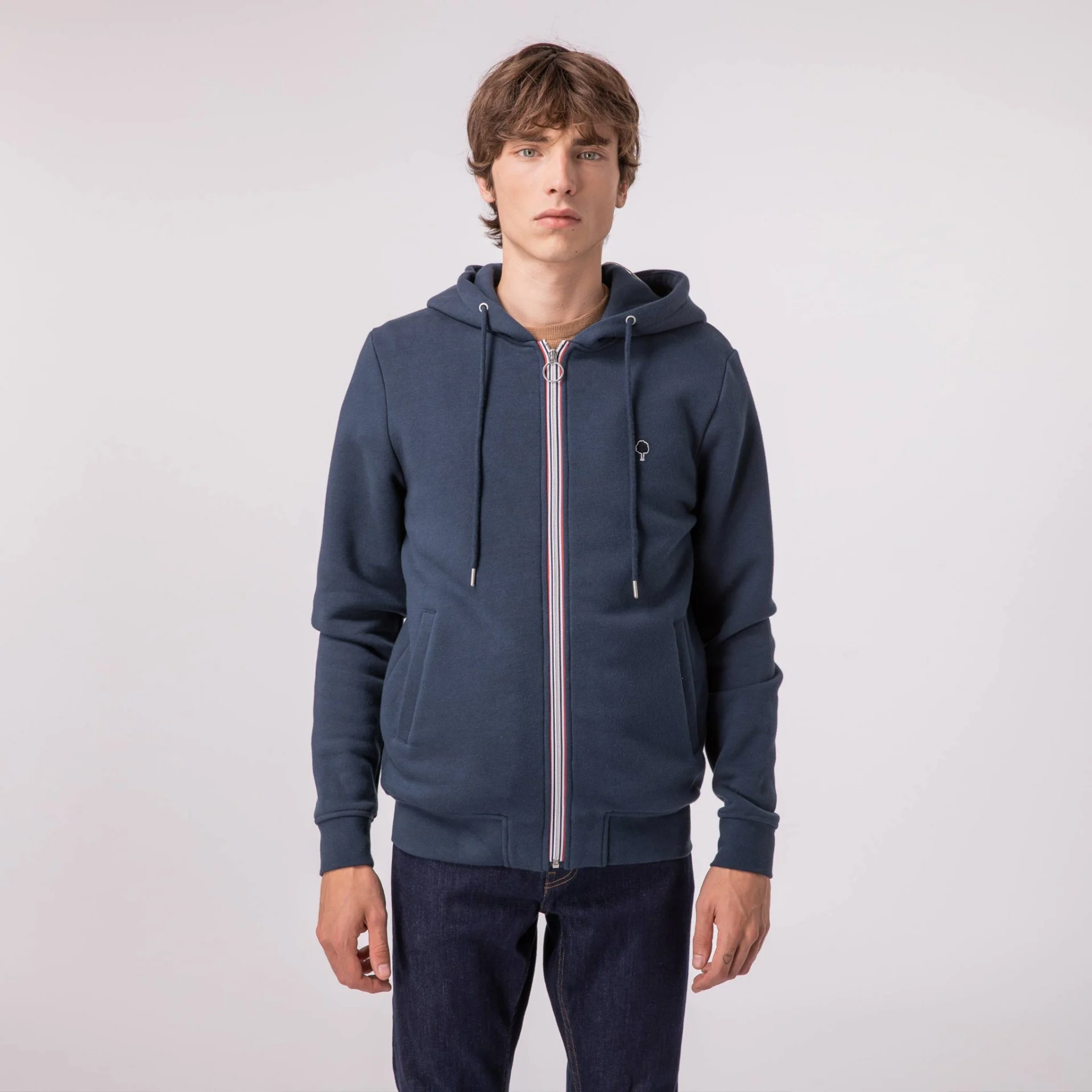 Sweat à capuche zippé bleu marine coton et polyester recyclé - modèle Mesnil