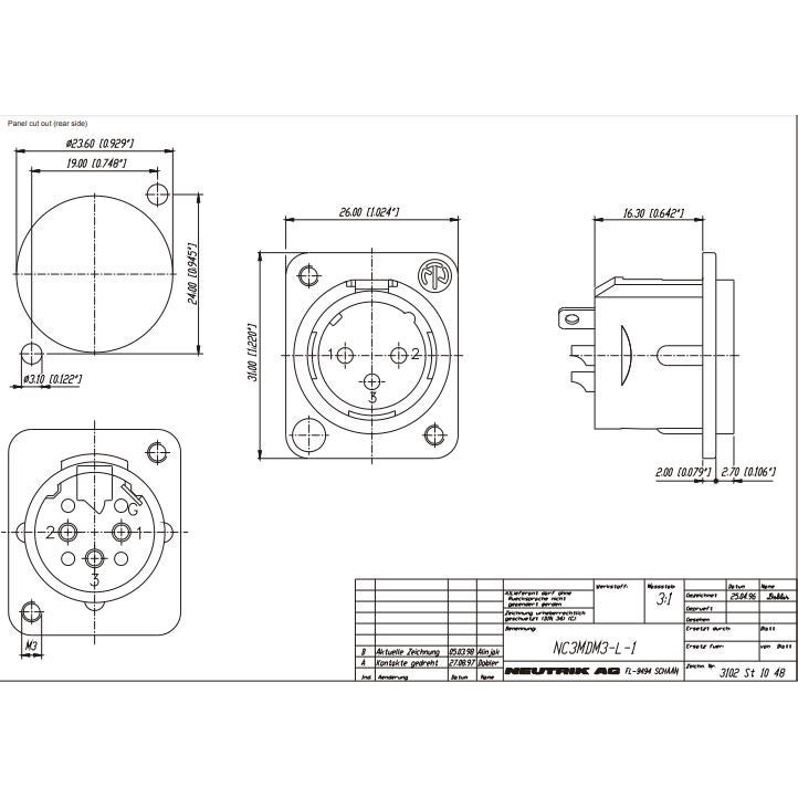 Neutrik NC3MDM3LBAG-1 XLR male chassisdeel