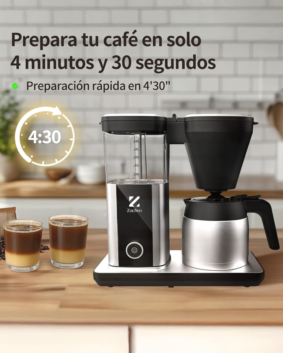 Filterkaffeemaschine mit 1,25L Thermoskanne, 4,5 Min. Schnellbrühung, 92°C PID-Temperaturkontrolle, 30s Tropfstopp, Wiederverwendbarer Filter, Automatische Reinigung, Edelstahl-Design