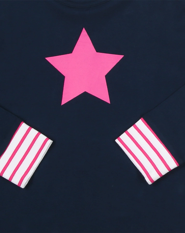 Schlafanzug PINKER STERN lang gestreift in dunkelblau/weiß/pink