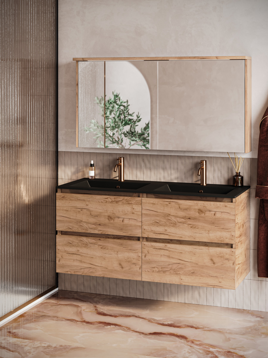 Fontana Rovigo badmeubel 120cm warm eiken met zwarte wastafel met kraangaten en spiegelkast met verlichting