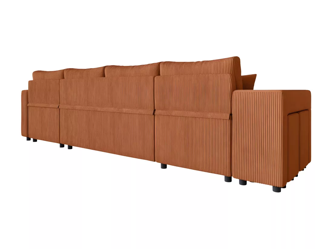 Canapé panoramique Oslo convertible avec 2 coffres, 2 poufs à gauche en velours côtelé terracotta - L311 x P146 x H81cm - Loungitude
