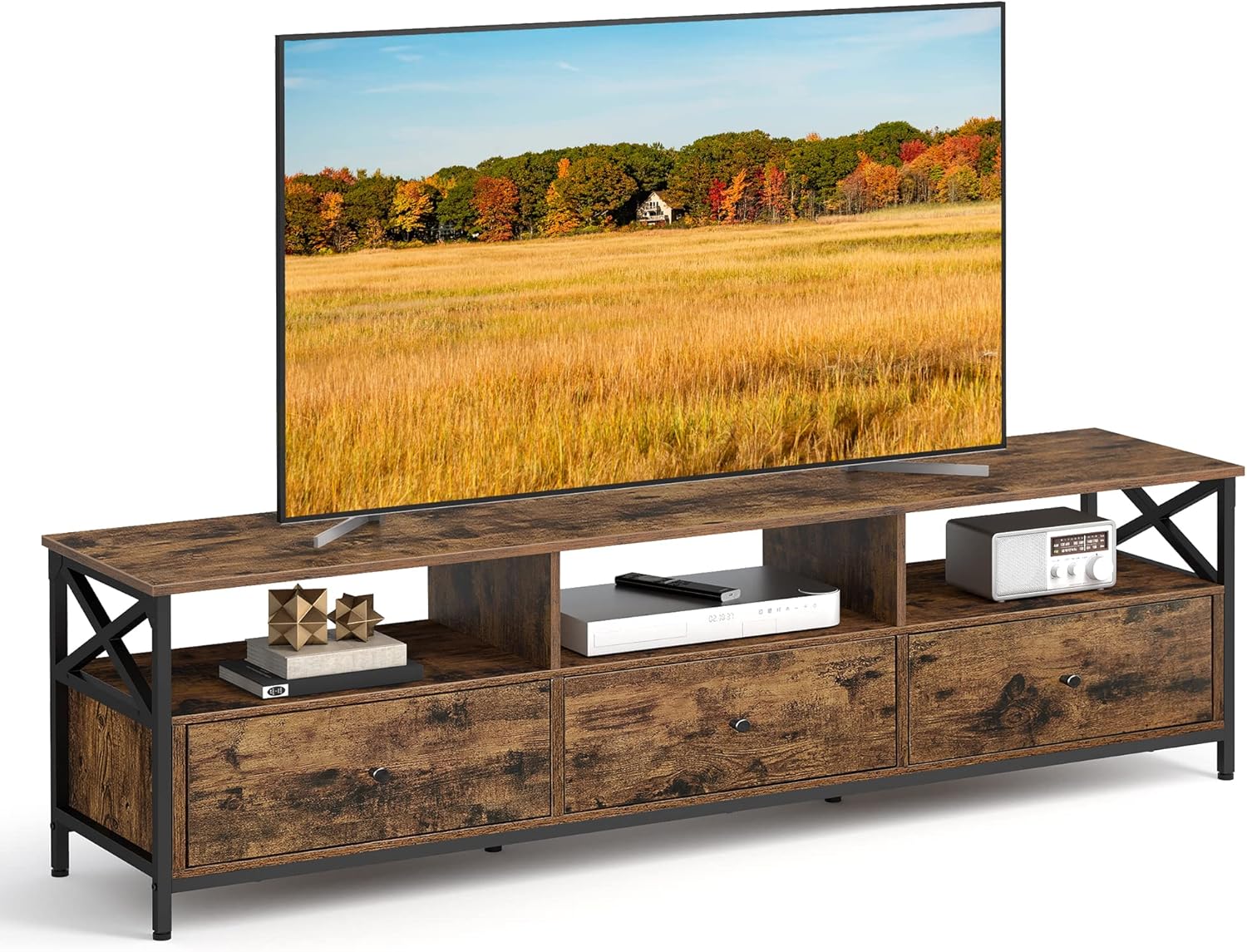 VASAGLE TV-Schrank, Lowboard für Fernseher bis zu 80 Zoll, Fernsehtisch mit 3 Schubladen, 3 offenen Fächern, 178 x 40 x 50 cm, Wohnzimmer, Stahlgestell, vintagebraun-schwarz LTV302B01