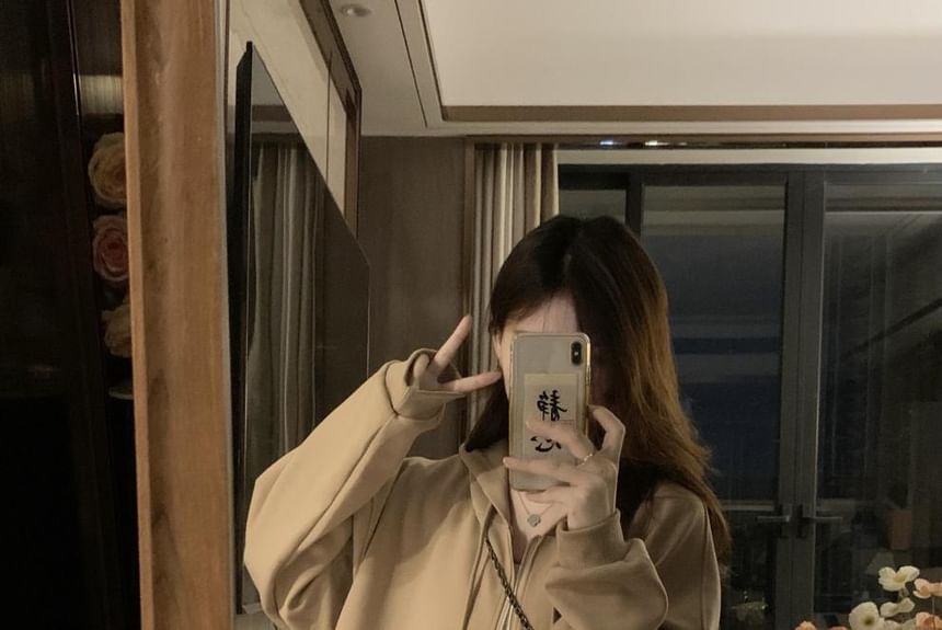 Hanji - Effen oversized hoodie met rits / mini-kokerrok met trekkoord in de taille