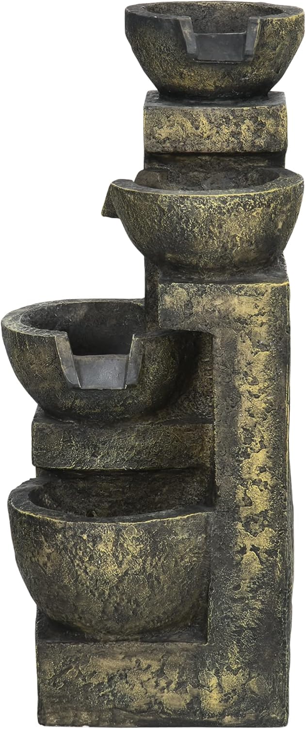 Outsunny Springbrunnen aus Kunstharz Outdoor Gartenbrunnen mit Einstellbarer Strömung Dekorationsbecken 4 Stufen Zierbrunnen für Garten Terrasse Rasen 25cm x 24cm x 60cm Schwarz