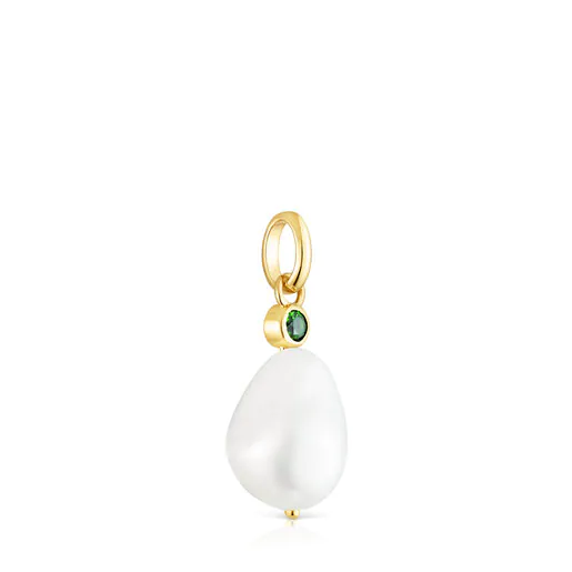 Pingente com banho de ouro 18k sobre prata, pérola cultivada e diópsido cromado. Jardim Virtual.