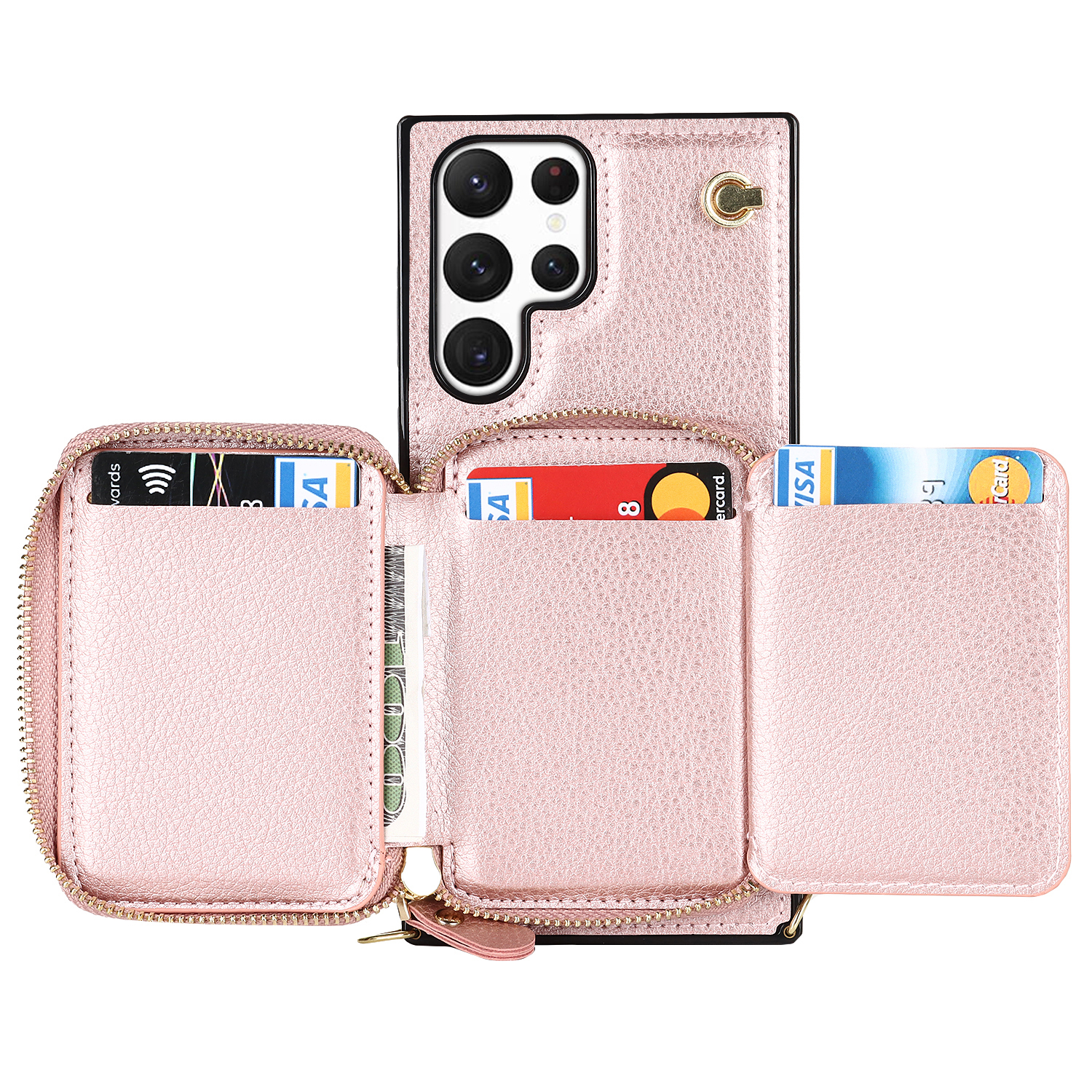 Samsung Galaxy S23 Ultra 5G Necklace Leder Schutz Hülle mit Kartenfächer   Handykette (140cm) - Roségold
