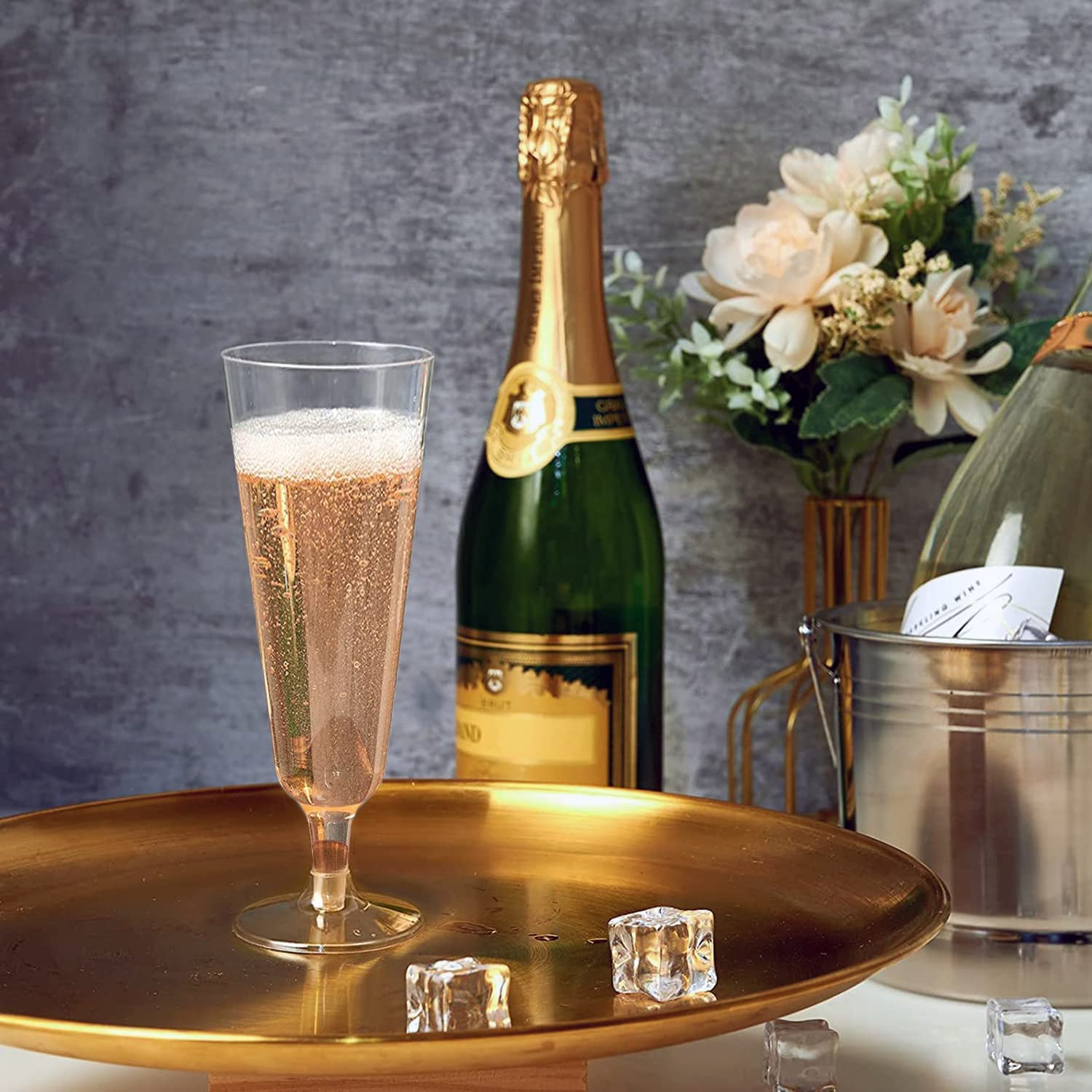 (48er Set) Einweg Sekt Trinkbecher Party Champagner Glas für Hochzeit / Junggesellinnenabschied / Geburtstag - Transparent