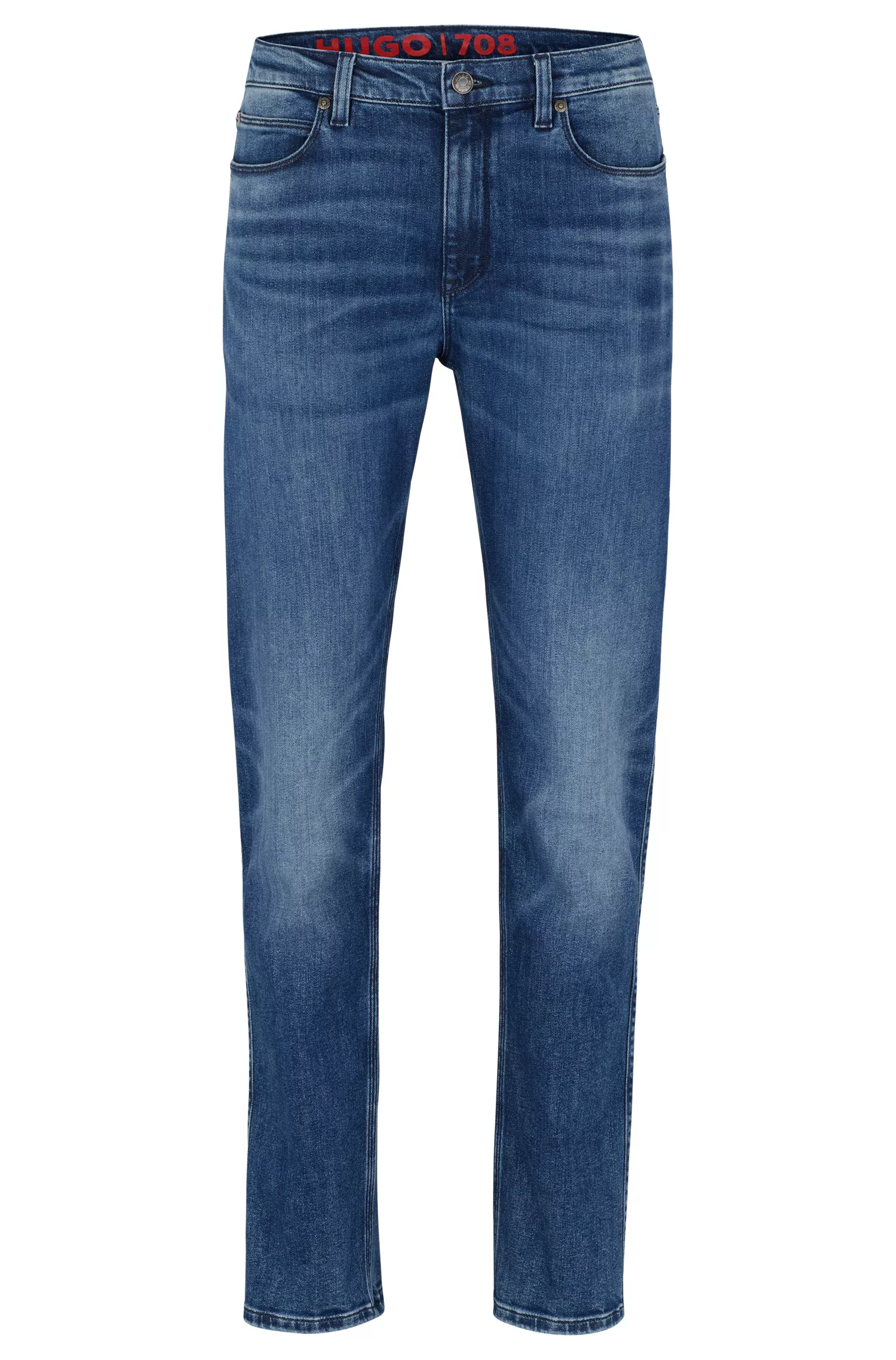 Calça jeans HUGO vermelha, corte slim, em denim azul com elasticidade para maior conforto.