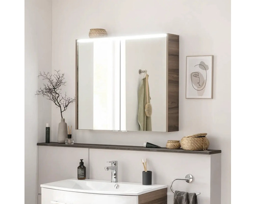 FACKELMANN Verona spiegelkast, 80 x 16 x 68,3 cm, walnoot, 2-deurs, LED, IP20