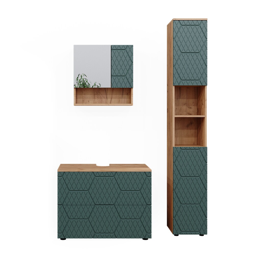 Vicco Badmöbel-Set Irma Eiche Grün 3-teilig Hochschrank Waschbeckenschrank 80 cm