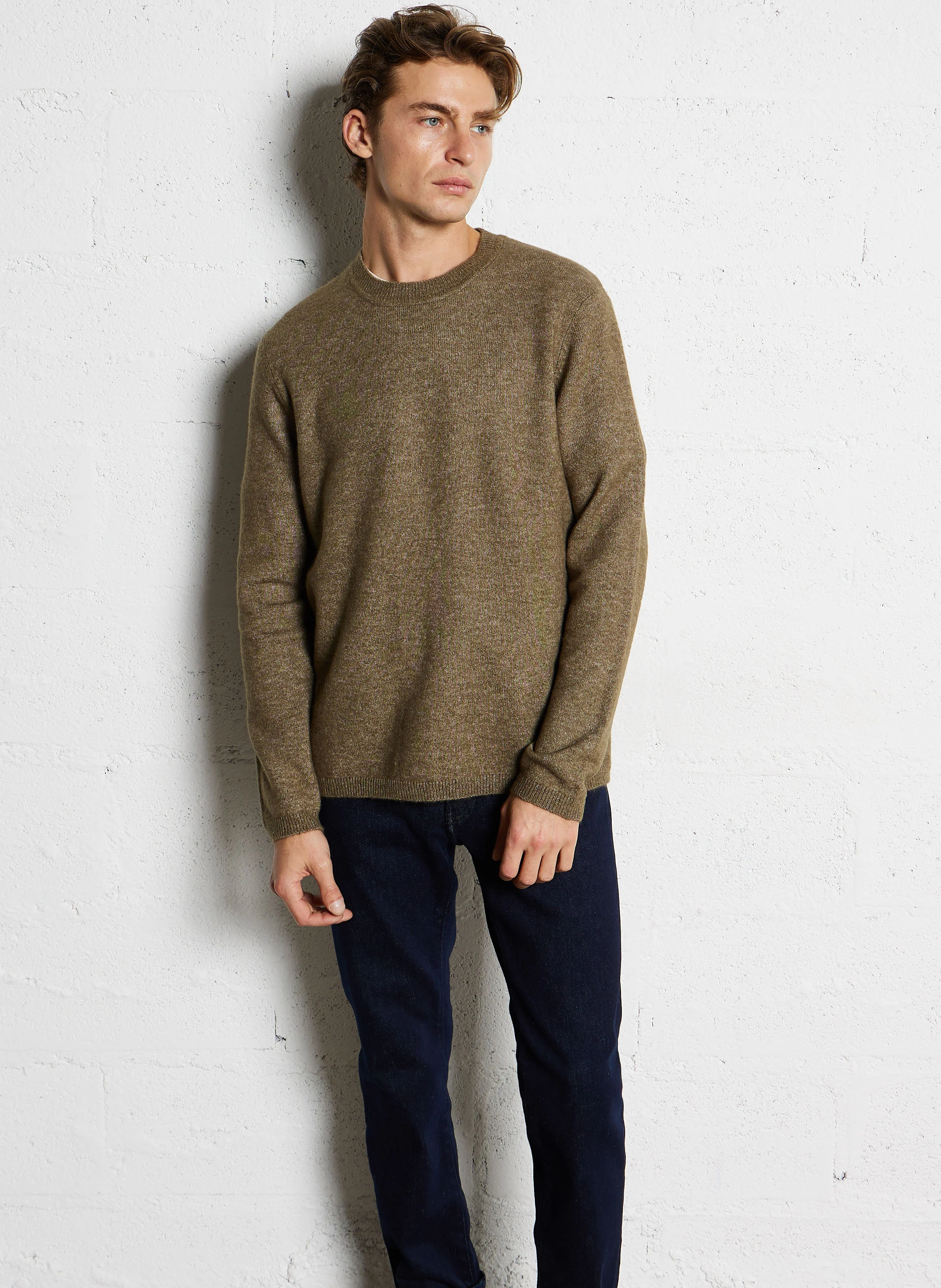 Pull col rond en maille duveteuse| Kaki