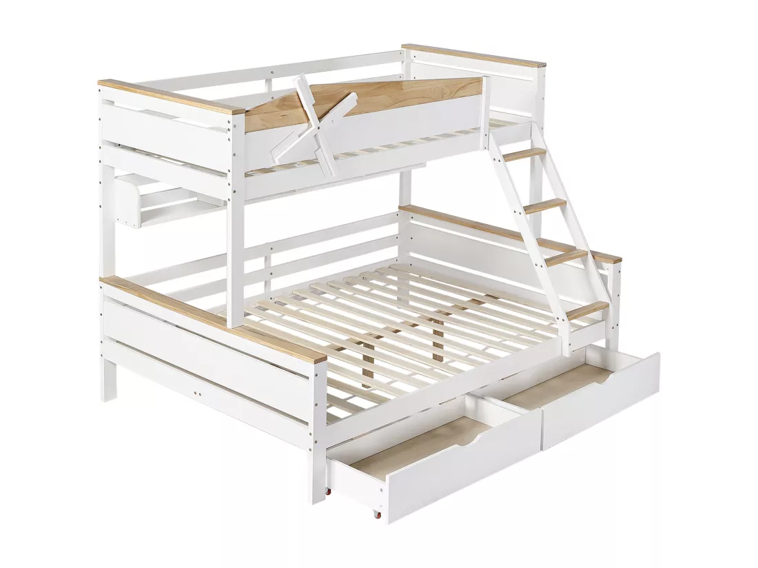Lit superposé 90x200cm & 140x200cm - avec échelle、étagères et 2 tiroirs - en bois de pin et MDF - Blanc