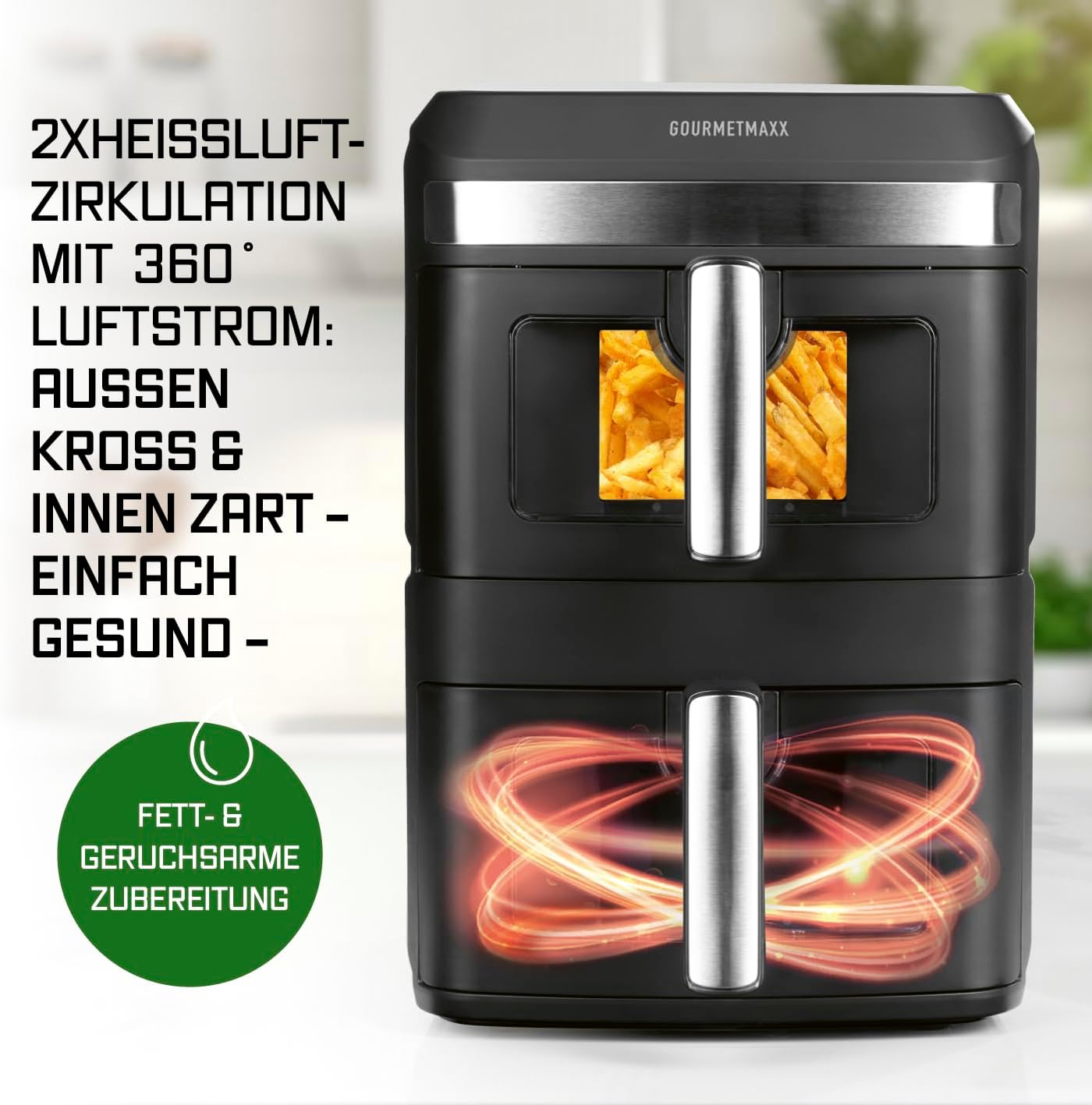 GOURMETmaxx FryUp XL vertikale Doppelkammer Heißluftfritteuse mit Sichtfenster - 12 L | Airfryer mit 9,6 Zoll Multi-Colour LED-Touchdisplay & 12 Programmen | Heißluftfritteuse 2 Kammern mit Oberhitze