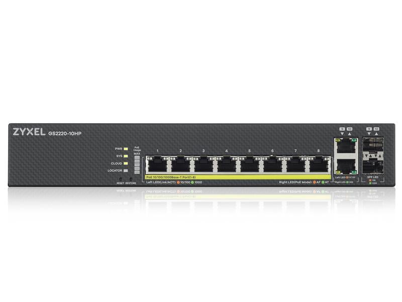 Zyxel PoE  Switch GS2220-10HP 10 Port 8-Port-GbE-Switch, Layer 2 managed, 8x GbE PoE 802.3at RJ-45 Ports, 2x GbE Combo-Port