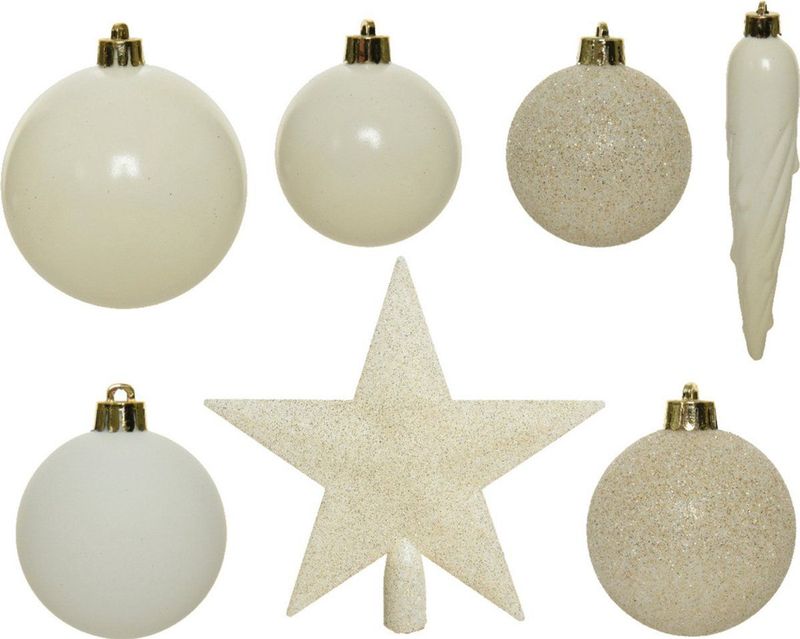 Decoris - Kerstballen Set - 34-dlg - Wol Wit - Incl. Piek - Kunststof