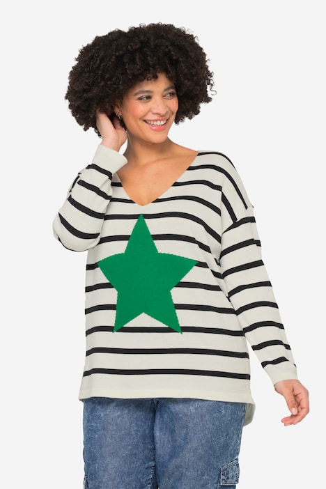 Pullover, Ringelstrick, Stern, V-Ausschnitt, Langarm