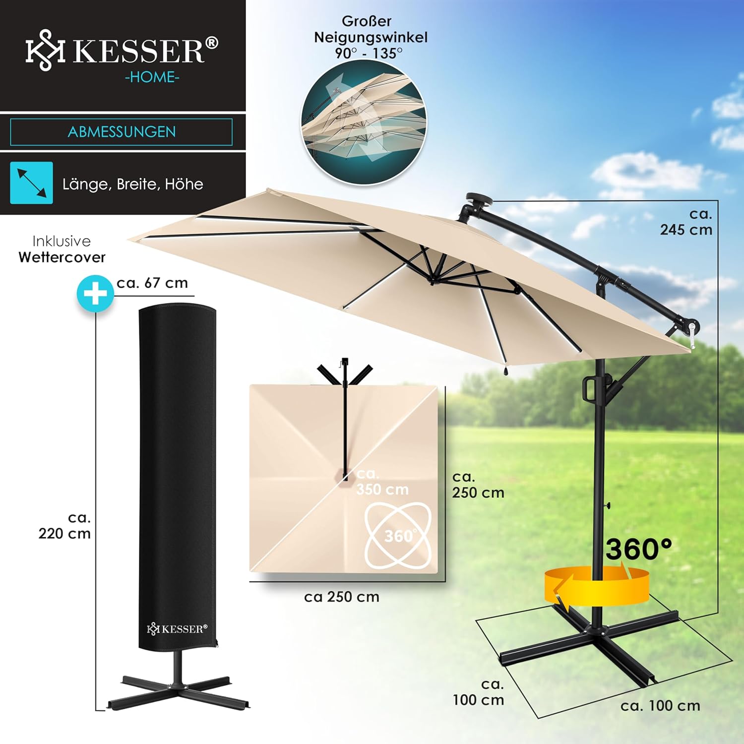 KESSER® Ampelschirm Holly Sonnenschirm Rechteckig LED Solar inkl. Abdeckung | Kurbel-Schirm mit Ständer UV-Schutz Aluminium Wasserabweisend Ø350cm Gartenschirm Beige