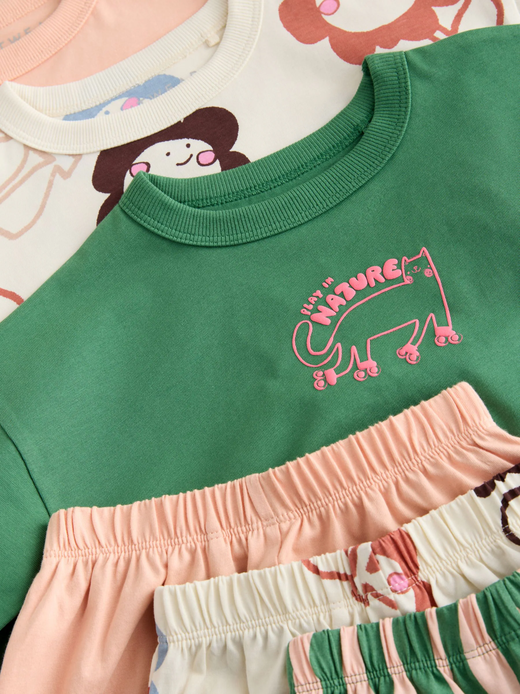 Roze/groen met figuurtjesprint - Joggingbroek pyjama's 3 stuks (9mnd-10jr)