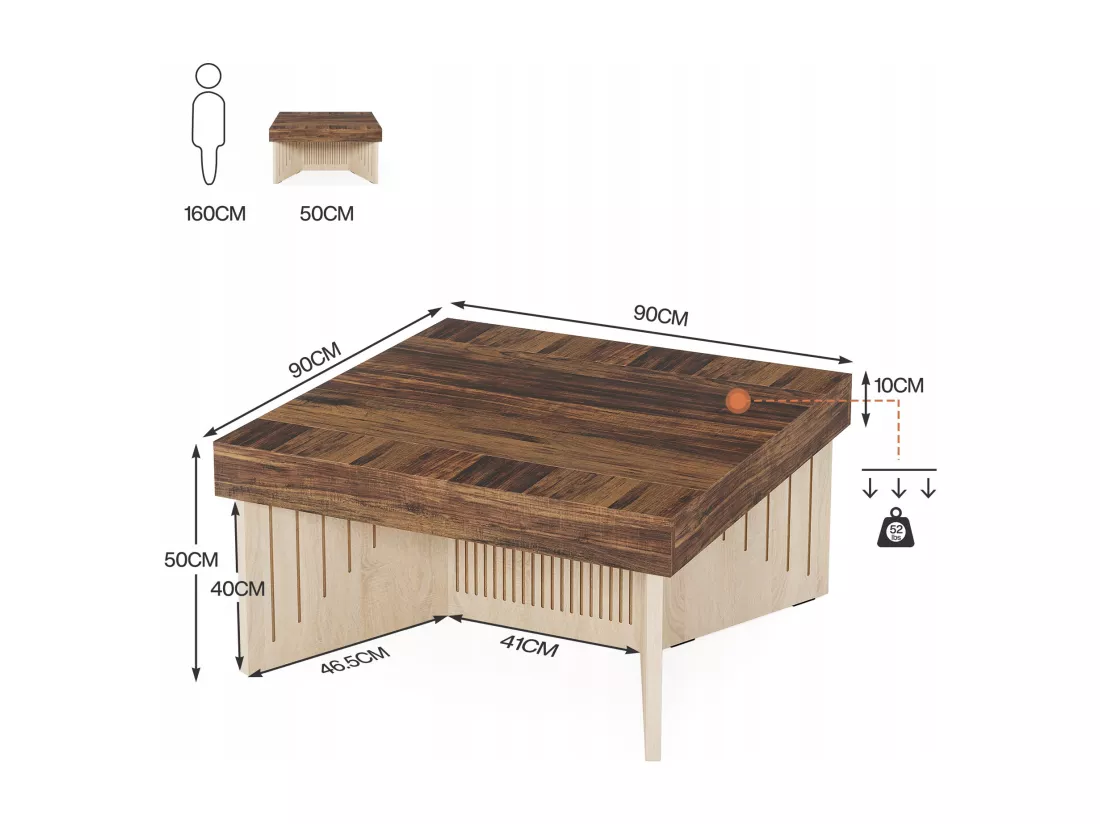 Tribesigns Table basse carrée en bois de 90 cm, table basse centrale de ferme avec lignes gravées, table basse pour salon