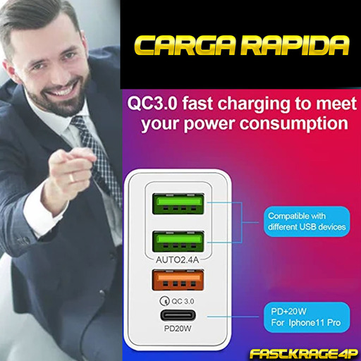 Carregador rápido de 4 portas e 36 W para celular, smartwatch e fones de ouvido.